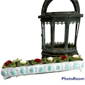 Hand Painted Gray Green Red Large Metal Floral Table Or Mantle Centerpiece NEW